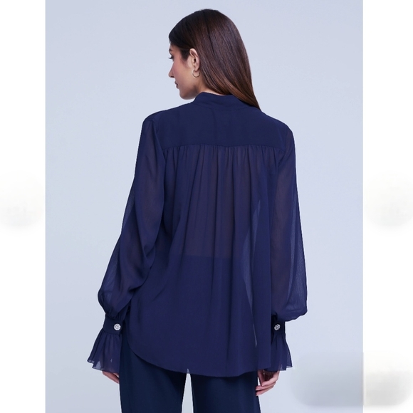 🎁HOLIDAY SPECIAL🎁NWT. L'AGENCE Marion Sheer Ruffle Blouse In Midnight - Picture 14 of 16